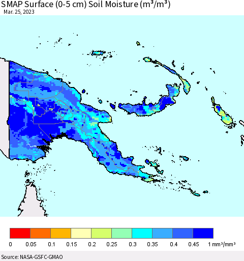 Papua New Guinea SMAP Surface (0-5 cm) Soil Moisture (m³/m³) Thematic Map For 3/21/2023 - 3/25/2023