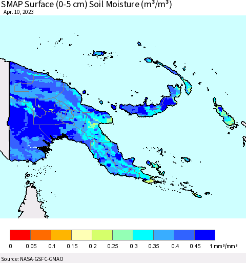 Papua New Guinea SMAP Surface (0-5 cm) Soil Moisture (m³/m³) Thematic Map For 4/6/2023 - 4/10/2023