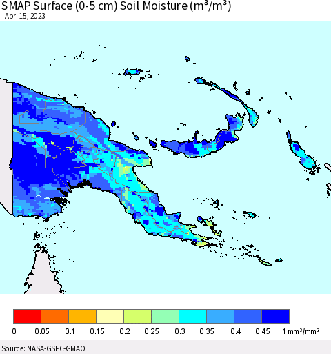 Papua New Guinea SMAP Surface (0-5 cm) Soil Moisture (m³/m³) Thematic Map For 4/11/2023 - 4/15/2023