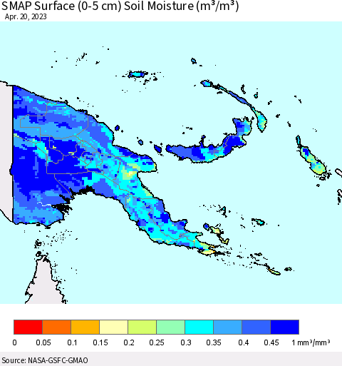 Papua New Guinea SMAP Surface (0-5 cm) Soil Moisture (m³/m³) Thematic Map For 4/16/2023 - 4/20/2023