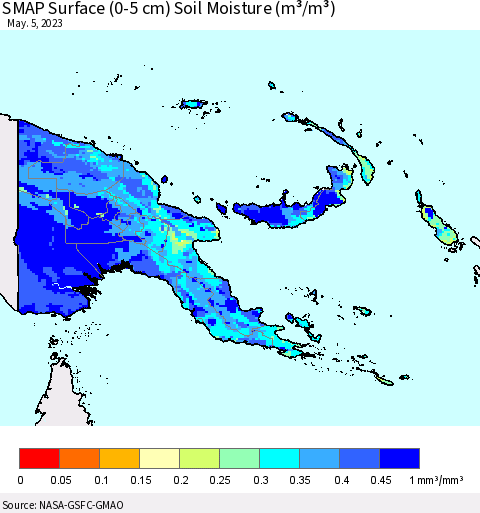 Papua New Guinea SMAP Surface (0-5 cm) Soil Moisture (m³/m³) Thematic Map For 5/1/2023 - 5/5/2023