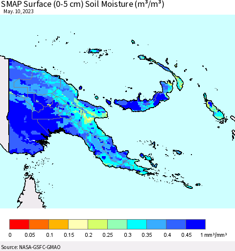 Papua New Guinea SMAP Surface (0-5 cm) Soil Moisture (m³/m³) Thematic Map For 5/6/2023 - 5/10/2023