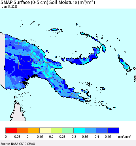 Papua New Guinea SMAP Surface (0-5 cm) Soil Moisture (m³/m³) Thematic Map For 6/1/2023 - 6/5/2023