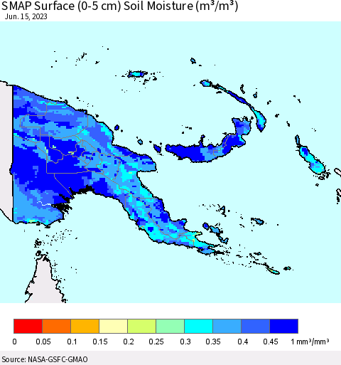 Papua New Guinea SMAP Surface (0-5 cm) Soil Moisture (m³/m³) Thematic Map For 6/11/2023 - 6/15/2023