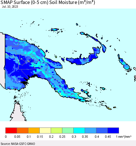 Papua New Guinea SMAP Surface (0-5 cm) Soil Moisture (m³/m³) Thematic Map For 7/6/2023 - 7/10/2023