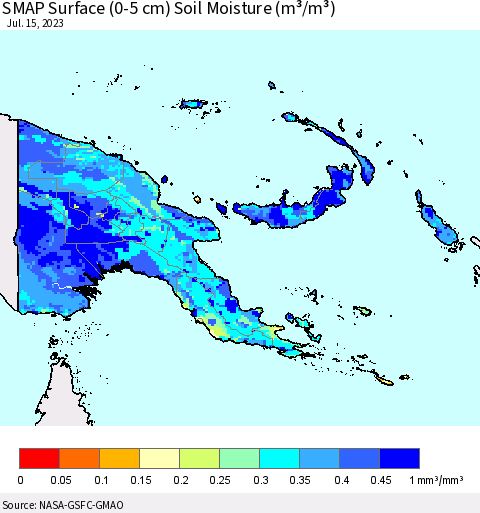 Papua New Guinea SMAP Surface (0-5 cm) Soil Moisture (m³/m³) Thematic Map For 7/11/2023 - 7/15/2023
