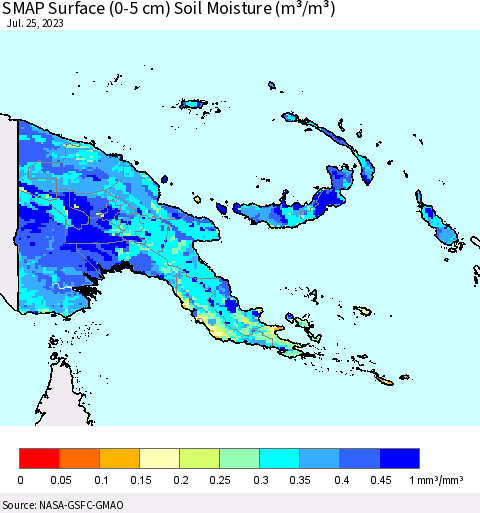 Papua New Guinea SMAP Surface (0-5 cm) Soil Moisture (m³/m³) Thematic Map For 7/21/2023 - 7/25/2023