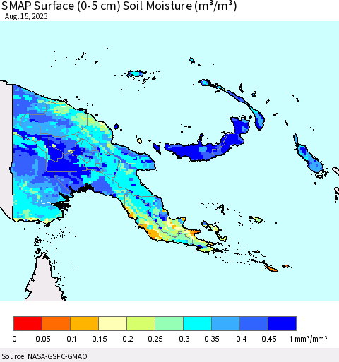 Papua New Guinea SMAP Surface (0-5 cm) Soil Moisture (m³/m³) Thematic Map For 8/11/2023 - 8/15/2023