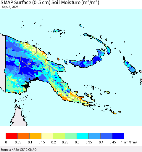 Papua New Guinea SMAP Surface (0-5 cm) Soil Moisture (m³/m³) Thematic Map For 9/1/2023 - 9/5/2023