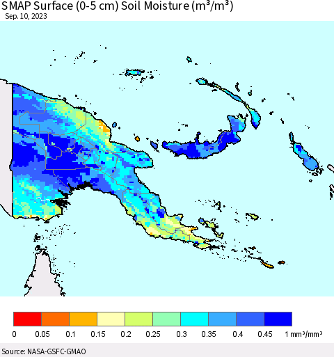Papua New Guinea SMAP Surface (0-5 cm) Soil Moisture (m³/m³) Thematic Map For 9/6/2023 - 9/10/2023