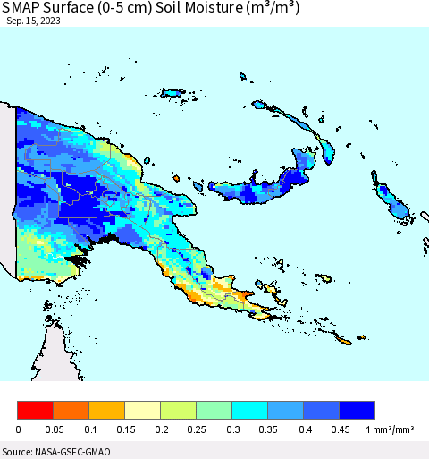 Papua New Guinea SMAP Surface (0-5 cm) Soil Moisture (m³/m³) Thematic Map For 9/11/2023 - 9/15/2023