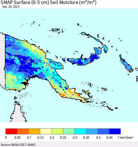 Papua New Guinea SMAP Surface (0-5 cm) Soil Moisture (m³/m³) Thematic Map For 9/16/2023 - 9/20/2023