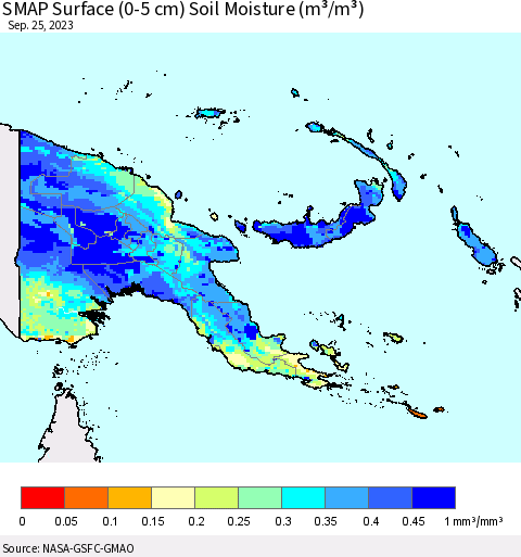 Papua New Guinea SMAP Surface (0-5 cm) Soil Moisture (m³/m³) Thematic Map For 9/21/2023 - 9/25/2023