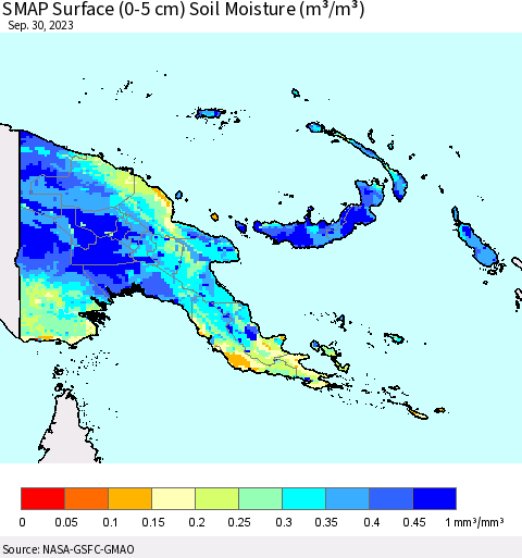 Papua New Guinea SMAP Surface (0-5 cm) Soil Moisture (m³/m³) Thematic Map For 9/26/2023 - 9/30/2023