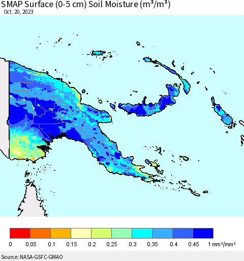 Papua New Guinea SMAP Surface (0-5 cm) Soil Moisture (m³/m³) Thematic Map For 10/16/2023 - 10/20/2023