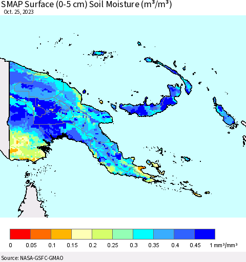 Papua New Guinea SMAP Surface (0-5 cm) Soil Moisture (m³/m³) Thematic Map For 10/21/2023 - 10/25/2023