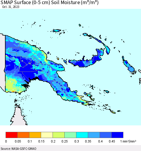 Papua New Guinea SMAP Surface (0-5 cm) Soil Moisture (m³/m³) Thematic Map For 10/26/2023 - 10/31/2023