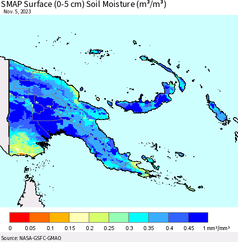 Papua New Guinea SMAP Surface (0-5 cm) Soil Moisture (m³/m³) Thematic Map For 11/1/2023 - 11/5/2023