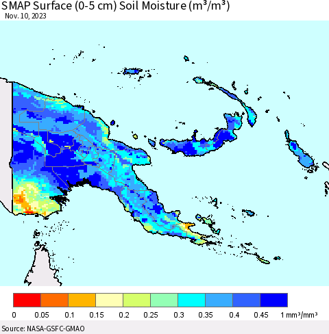 Papua New Guinea SMAP Surface (0-5 cm) Soil Moisture (m³/m³) Thematic Map For 11/6/2023 - 11/10/2023