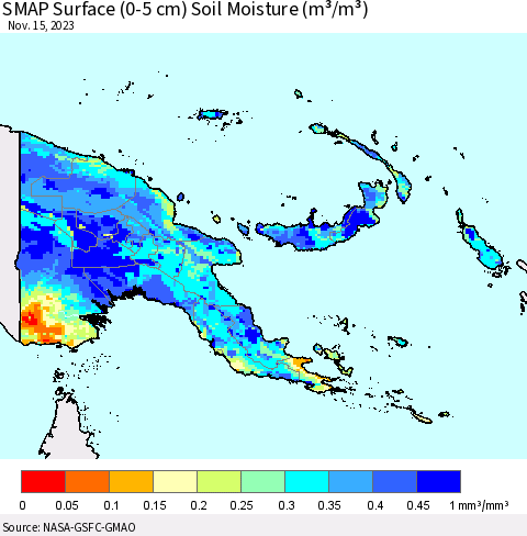 Papua New Guinea SMAP Surface (0-5 cm) Soil Moisture (m³/m³) Thematic Map For 11/11/2023 - 11/15/2023