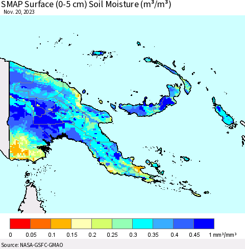 Papua New Guinea SMAP Surface (0-5 cm) Soil Moisture (m³/m³) Thematic Map For 11/16/2023 - 11/20/2023
