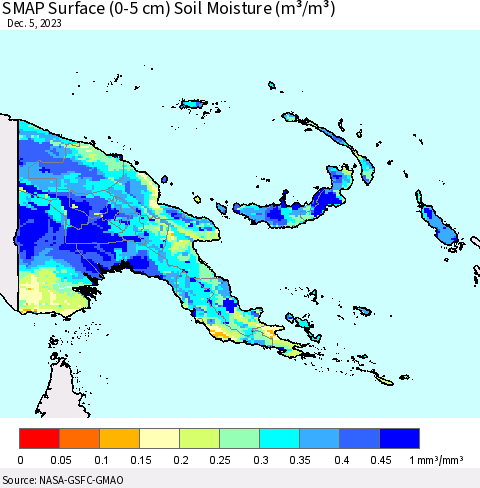 Papua New Guinea SMAP Surface (0-5 cm) Soil Moisture (m³/m³) Thematic Map For 12/1/2023 - 12/5/2023