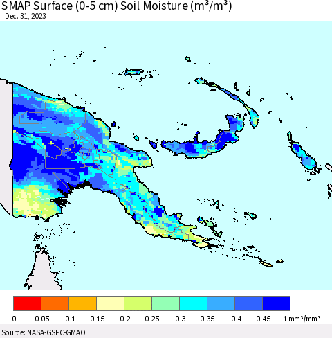 Papua New Guinea SMAP Surface (0-5 cm) Soil Moisture (m³/m³) Thematic Map For 12/26/2023 - 12/31/2023