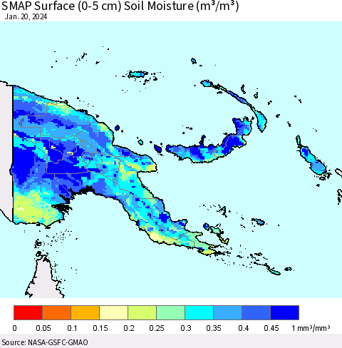 Papua New Guinea SMAP Surface (0-5 cm) Soil Moisture (m³/m³) Thematic Map For 1/16/2024 - 1/20/2024