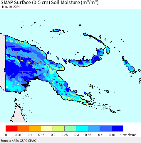 Papua New Guinea SMAP Surface (0-5 cm) Soil Moisture (m³/m³) Thematic Map For 3/6/2024 - 3/10/2024