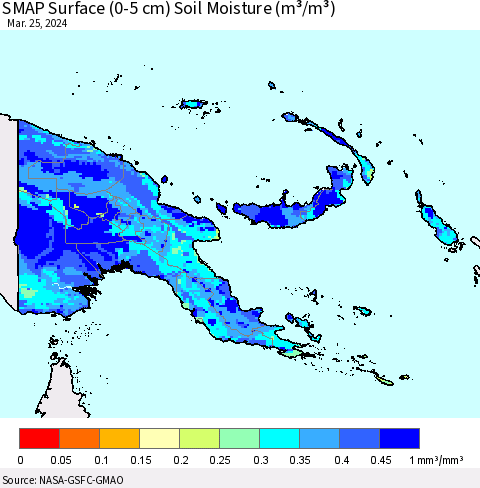 Papua New Guinea SMAP Surface (0-5 cm) Soil Moisture (m³/m³) Thematic Map For 3/21/2024 - 3/25/2024
