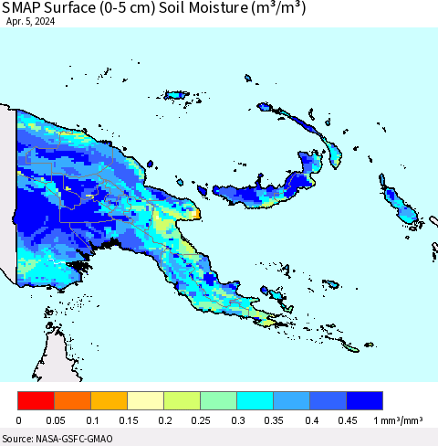 Papua New Guinea SMAP Surface (0-5 cm) Soil Moisture (m³/m³) Thematic Map For 4/1/2024 - 4/5/2024