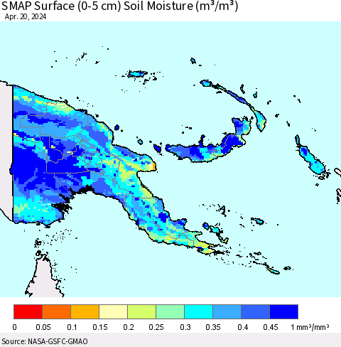 Papua New Guinea SMAP Surface (0-5 cm) Soil Moisture (m³/m³) Thematic Map For 4/16/2024 - 4/20/2024