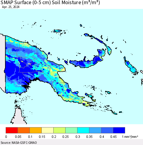 Papua New Guinea SMAP Surface (0-5 cm) Soil Moisture (m³/m³) Thematic Map For 4/21/2024 - 4/25/2024