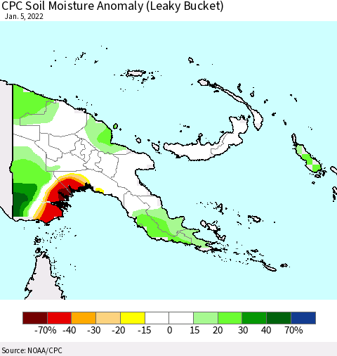 Papua New Guinea CPC Soil Moisture Anomaly (Leaky Bucket) Thematic Map For 1/1/2022 - 1/5/2022