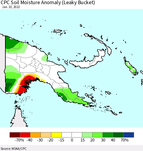 Papua New Guinea CPC Soil Moisture Anomaly (Leaky Bucket) Thematic Map For 1/6/2022 - 1/10/2022