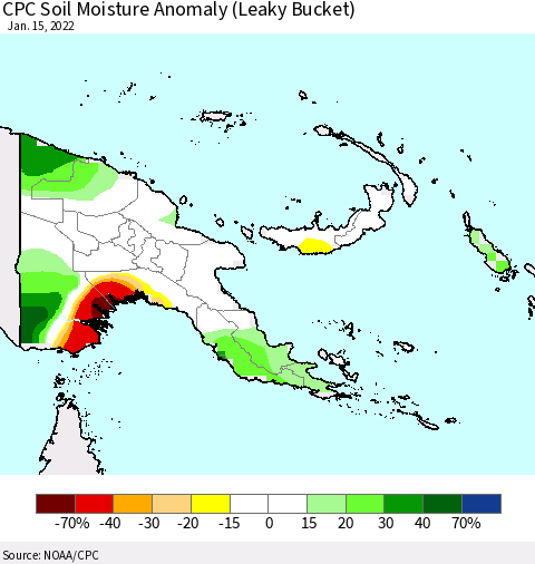 Papua New Guinea CPC Soil Moisture Anomaly (Leaky Bucket) Thematic Map For 1/11/2022 - 1/15/2022