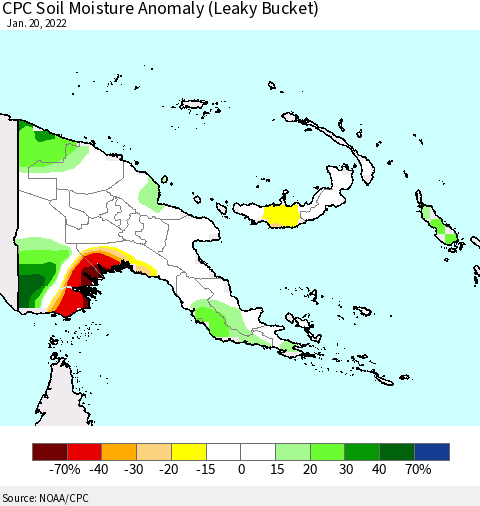 Papua New Guinea CPC Soil Moisture Anomaly (Leaky Bucket) Thematic Map For 1/16/2022 - 1/20/2022