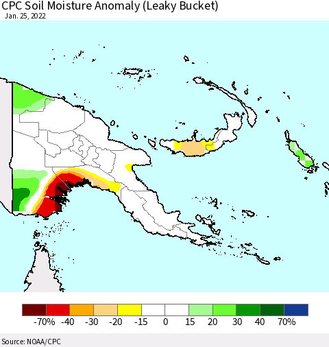 Papua New Guinea CPC Soil Moisture Anomaly (Leaky Bucket) Thematic Map For 1/21/2022 - 1/25/2022