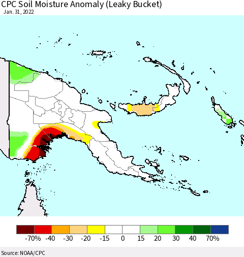 Papua New Guinea CPC Soil Moisture Anomaly (Leaky Bucket) Thematic Map For 1/26/2022 - 1/31/2022