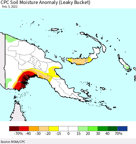 Papua New Guinea CPC Soil Moisture Anomaly (Leaky Bucket) Thematic Map For 2/1/2022 - 2/5/2022