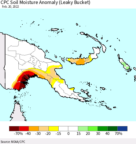 Papua New Guinea CPC Soil Moisture Anomaly (Leaky Bucket) Thematic Map For 2/16/2022 - 2/20/2022