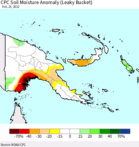 Papua New Guinea CPC Soil Moisture Anomaly (Leaky Bucket) Thematic Map For 2/21/2022 - 2/25/2022