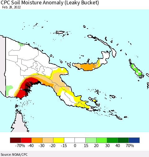 Papua New Guinea CPC Soil Moisture Anomaly (Leaky Bucket) Thematic Map For 2/26/2022 - 2/28/2022