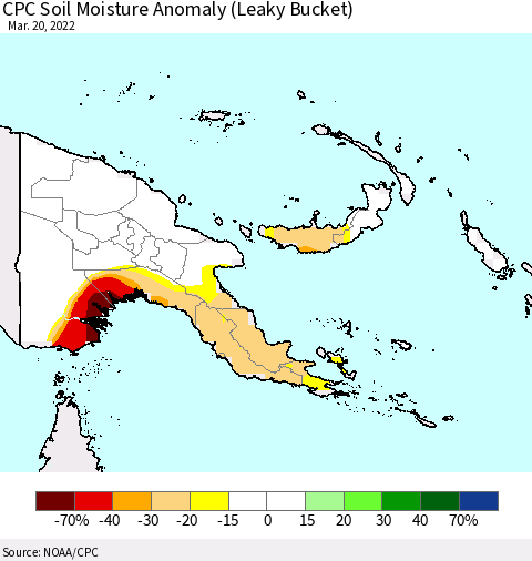 Papua New Guinea CPC Soil Moisture Anomaly (Leaky Bucket) Thematic Map For 3/16/2022 - 3/20/2022