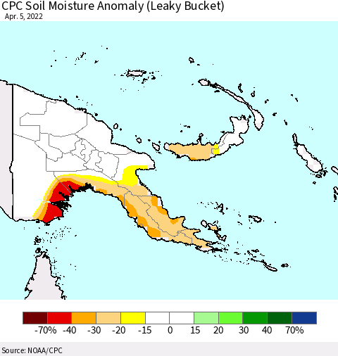 Papua New Guinea CPC Soil Moisture Anomaly (Leaky Bucket) Thematic Map For 4/1/2022 - 4/5/2022