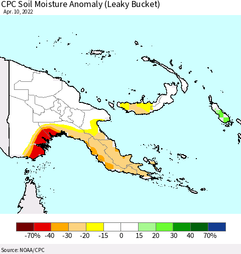 Papua New Guinea CPC Soil Moisture Anomaly (Leaky Bucket) Thematic Map For 4/6/2022 - 4/10/2022