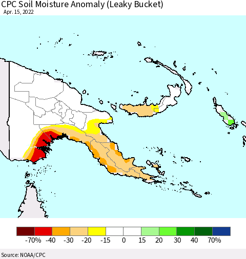 Papua New Guinea CPC Soil Moisture Anomaly (Leaky Bucket) Thematic Map For 4/11/2022 - 4/15/2022