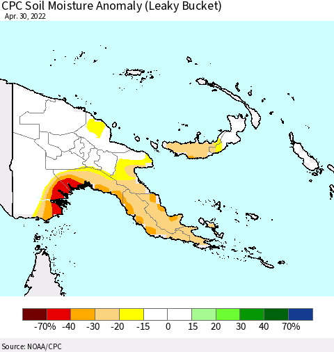 Papua New Guinea CPC Soil Moisture Anomaly (Leaky Bucket) Thematic Map For 4/26/2022 - 4/30/2022