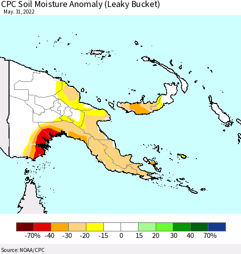 Papua New Guinea CPC Soil Moisture Anomaly (Leaky Bucket) Thematic Map For 5/26/2022 - 5/31/2022
