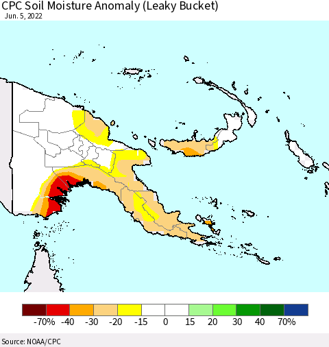 Papua New Guinea CPC Soil Moisture Anomaly (Leaky Bucket) Thematic Map For 6/1/2022 - 6/5/2022